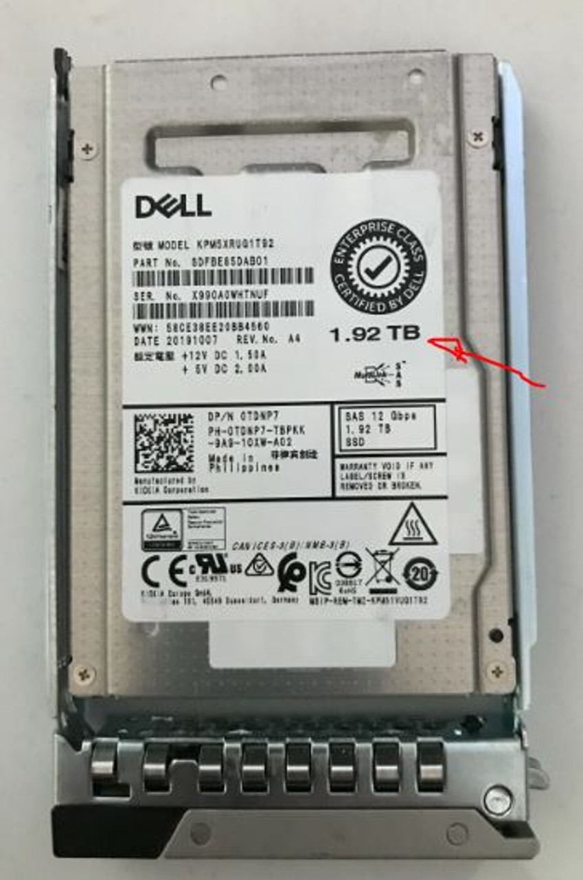 Dell Original HARD DRIVE 1.92TB SSD 12GBPS SAS RI (Read-INTENSIVE) 2.5IN with Tray-DXD9H/Disco Duro Original 2.5in con Charola NEW DELL 3RC0C,D2N1D, F0VFY, GFKH2, MY7W0, N7G2F, TDNP7  HGXFR, TDNP7, 400-AMDO, 400-ASFX , 400-ATMZ