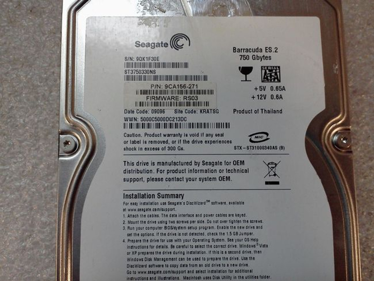 SEAGATE BARRACUDA ES 750 GB 7.2 RPM SATA 3GB/S 32 MB CACHE 3.5 INCHES INTERNAL HARD DRIVE SIN CHAROLA NEW ST3750330NS