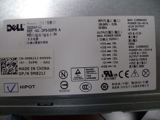 DELL PRECISION WS T3500 TW, ALIENWARE AURORA  POWER SUPPLY 525W / FUENTE DE PODER NO CABLES REFURBISHED DELL H525AF-00, M821J, R951G, U597G, 0G05V, M822J, 6W6M1, X008G