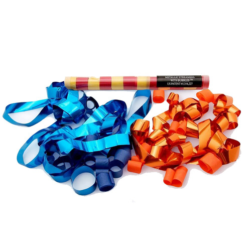 9" Speed Load Tube w 12 – 7/8” X 18’ Flameproof Metallic Streamers w Biodegradable &  Flameproof Tissue Bubbles