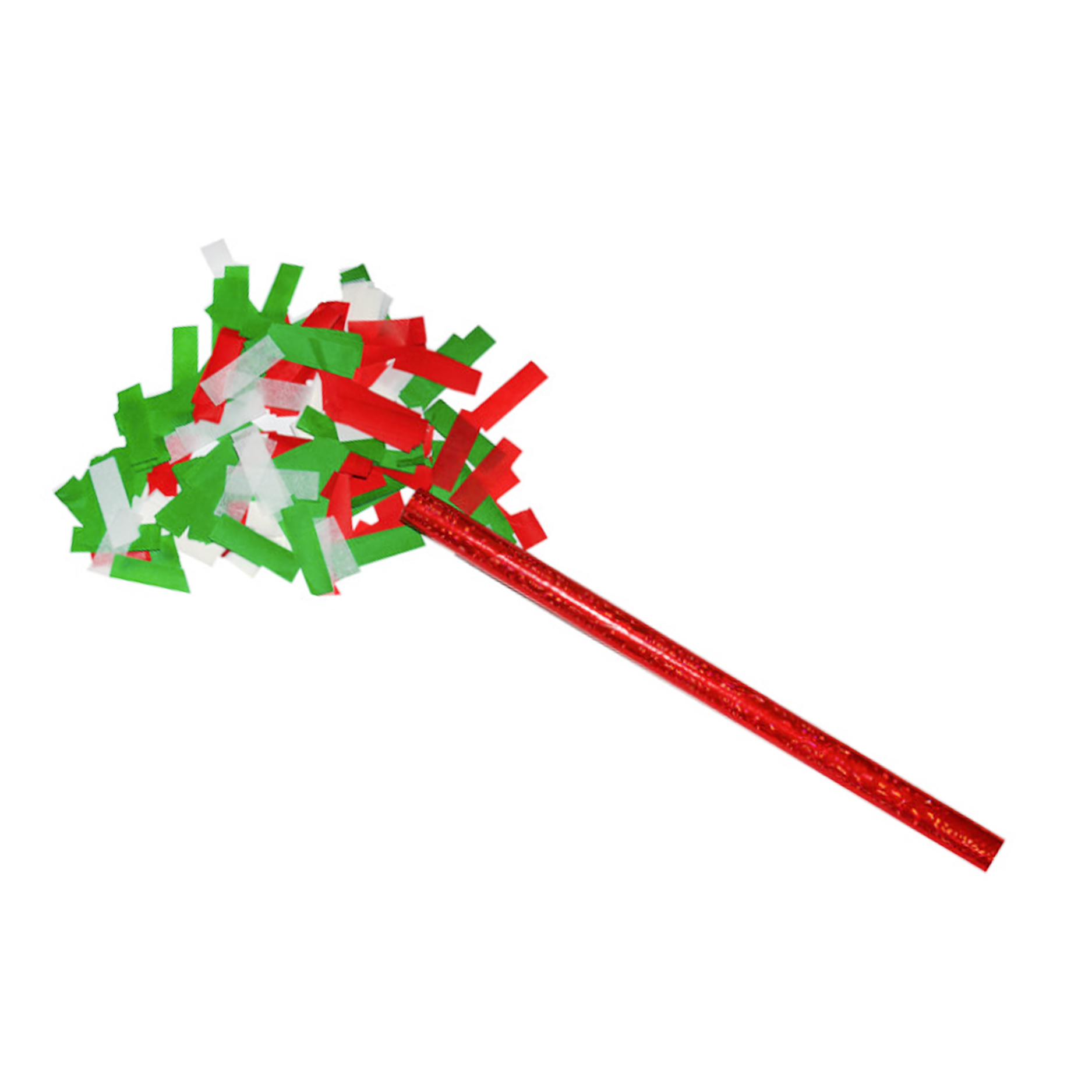 Flutter FETTI® 14" Hand Flick Cannon Wrapped in Holiday Red Holographic Film/With Red, Green and White Biodegradable and Flameproof Tissue Confetti