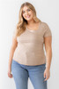 Plus Taupe Waffle Knit Angled Neck Short Sleeve Top-42266
