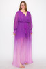 Ombre Chiffon Wrap Front Long Sleeve Tie Waist Slit Front Maxi Dress-42822