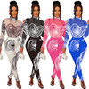 Women Streetwear Joggers Mesh Print Long Sleeve Blouses Two Piece Track Suit Set