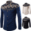 Men's Shirts African Print Style Stand Collar Button Navy Long Sleeve Cotton