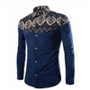 Men's Shirts African Print Style Stand Collar Button Navy Long Sleeve Cotton