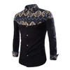 Men's Shirts African Print Style Stand Collar Button Navy Long Sleeve Cotton