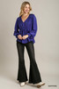 Satin V-neck Ruffle Baby Doll Top With Cuffed Long Sleeve-43185