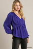 Satin V-neck Ruffle Baby Doll Top With Cuffed Long Sleeve-43185