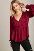 Satin V-neck Ruffle Baby Doll Top With Cuffed Long Sleeve-43186