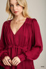 Satin V-neck Ruffle Baby Doll Top With Cuffed Long Sleeve-43186