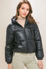 Pu Faux Leather Zipper Hooded Puffer Jacket-43214