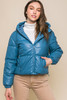 Pu Faux Leather Zipper Hooded Puffer Jacket-43216