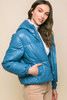 Pu Faux Leather Zipper Hooded Puffer Jacket-43216