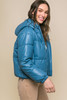 Pu Faux Leather Zipper Hooded Puffer Jacket-43216