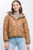 Pu Faux Leather Zipper Hooded Puffer Jacket-43217