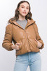 Pu Faux Leather Zipper Hooded Puffer Jacket-43217