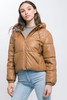 Pu Faux Leather Zipper Hooded Puffer Jacket-43217