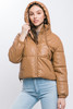 Pu Faux Leather Zipper Hooded Puffer Jacket-43217