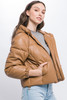 Pu Faux Leather Zipper Hooded Puffer Jacket-43217