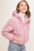 Pu Faux Leather Zipper Hooded Puffer Jacket-43218