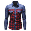 New Mens Plaid Shirt Cotton Casual Stitching Top Loose Long-sleeved Denim Shirt