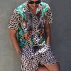 Men's Leopard Printed Lapel Short Sleeve Shirt Beach Shorts Hawaiian Men Suits