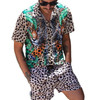 Men's Leopard Printed Lapel Short Sleeve Shirt Beach Shorts Hawaiian Men Suits