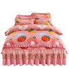 American Style Plant Flower Velvet Printed Diamond Quilted Pink 4PCS Bedding Set