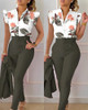 New Printed Lotus Leaf Sleeve V-Neck Blouse Top Solid Color Pants Set With Belt