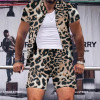 Explosive Leopard Print Men's Casual Short Sleeve Shirts Shorts Suits 2Piece Set