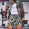 Explosive Leopard Print Men's Casual Short Sleeve Shirts Shorts Suits 2Piece Set