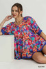 Floral Print Round Neck Pleated Baby Doll Top With 3/4 Sleeves-43814