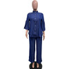Women High Collar Button Flounce Top and Wide Leg Pants Denim Jeans 2 Piece Sets