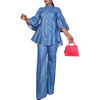 Women High Collar Button Flounce Top and Wide Leg Pants Denim Jeans 2 Piece Sets