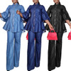 Women High Collar Button Flounce Top and Wide Leg Pants Denim Jeans 2 Piece Sets