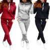 Womens 2 Piece Set Hooded Tops + Pants Solid Fleece Tracksuit Sweatshirt  Suits
