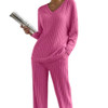 Women's New Style Fashion Sweater Suit Casual Straight Leg Pants V-neck Striped