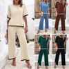 New Women's 2 Piece Short Sleeve Knit Tops Shirts Wide Leg Pants Sets Tracksuits