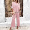 New Women's 2 Piece Short Sleeve Knit Tops Shirts Wide Leg Pants Sets Tracksuits
