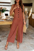 V Neck Button Sleeveless Wide Pockets Jumpsuit-48307