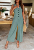 V Neck Button Sleeveless Wide Pockets Jumpsuit-48307