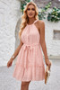 Solid Halter Neck Sleeveless Waist Tie Ruffle Dres-48302