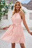 Solid Halter Neck Sleeveless Waist Tie Ruffle Dres-48302