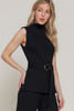 Sleeveless Mock Neck Waist Belt Rib Knit Top         -48648