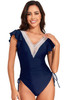 Ruffle Sleeves Lace Color Block Ruched Swimsuit-49346