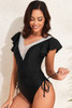 Ruffle Sleeves Lace Color Block Ruched Swimsuit-49346