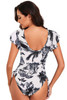 Ruffle Sleeves Lace Color Block Ruched Swimsuit-49346