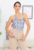 Cream & Blue Wave Print Mesh Asymmetrical Neck Self-tie Strap Bodysuit -41848