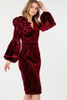 Flower Patch Flocked Velvet Fitted Midi Dress With Puff Sleeves-41641